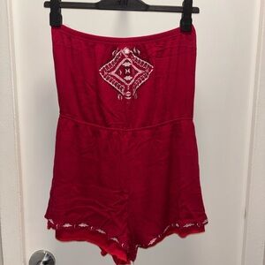 Red Strapless Romper with Embroidery Size L